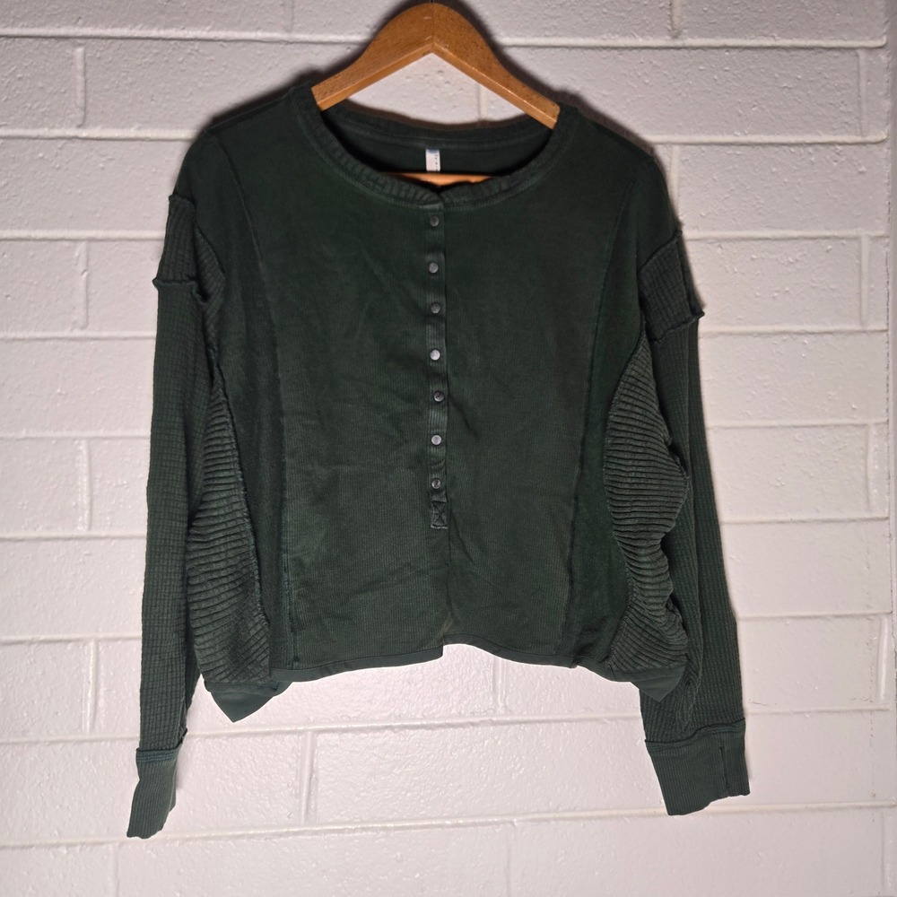 Free People FP Movement Womens Knit Henley Top Hunter Waffle Forest Green L